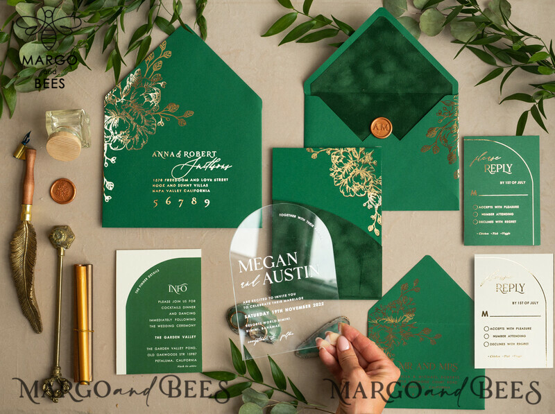 Glamour meets Greenery: Arch Gold Acrylic Wedding Invites with Velvet Pocket-1