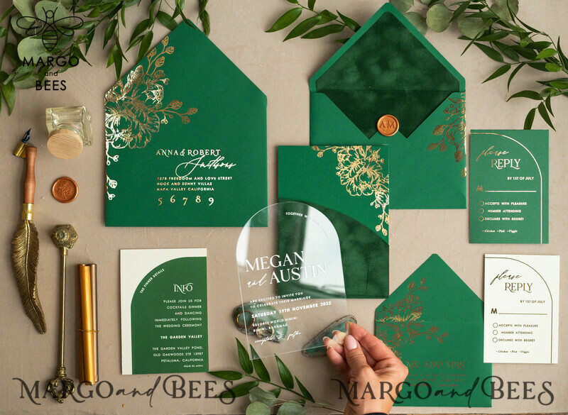 Glamour meets Greenery: Arch Gold Acrylic Wedding Invites with Velvet Pocket-2
