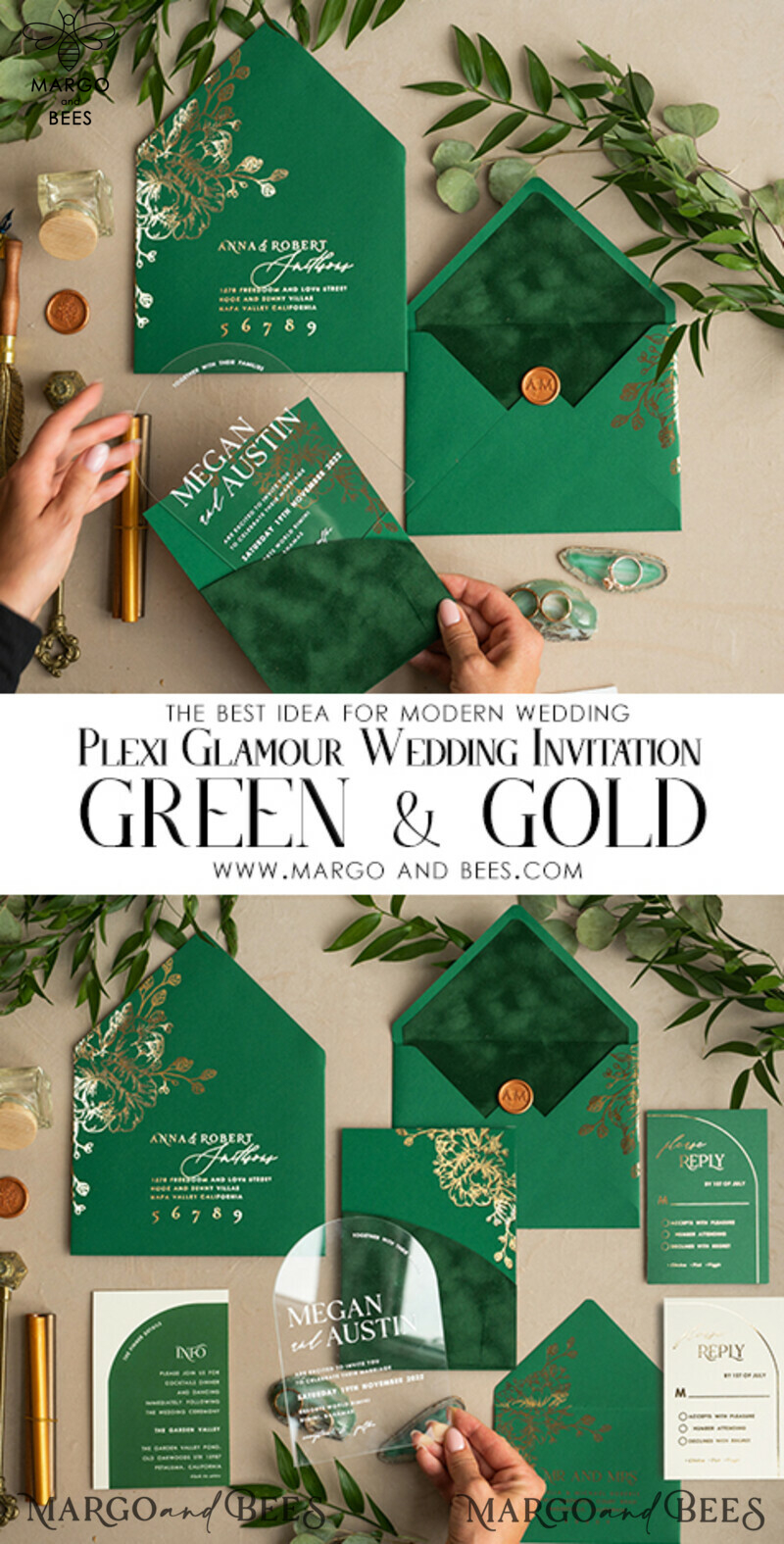 Glamour meets Greenery: Arch Gold Acrylic Wedding Invites with Velvet Pocket-3