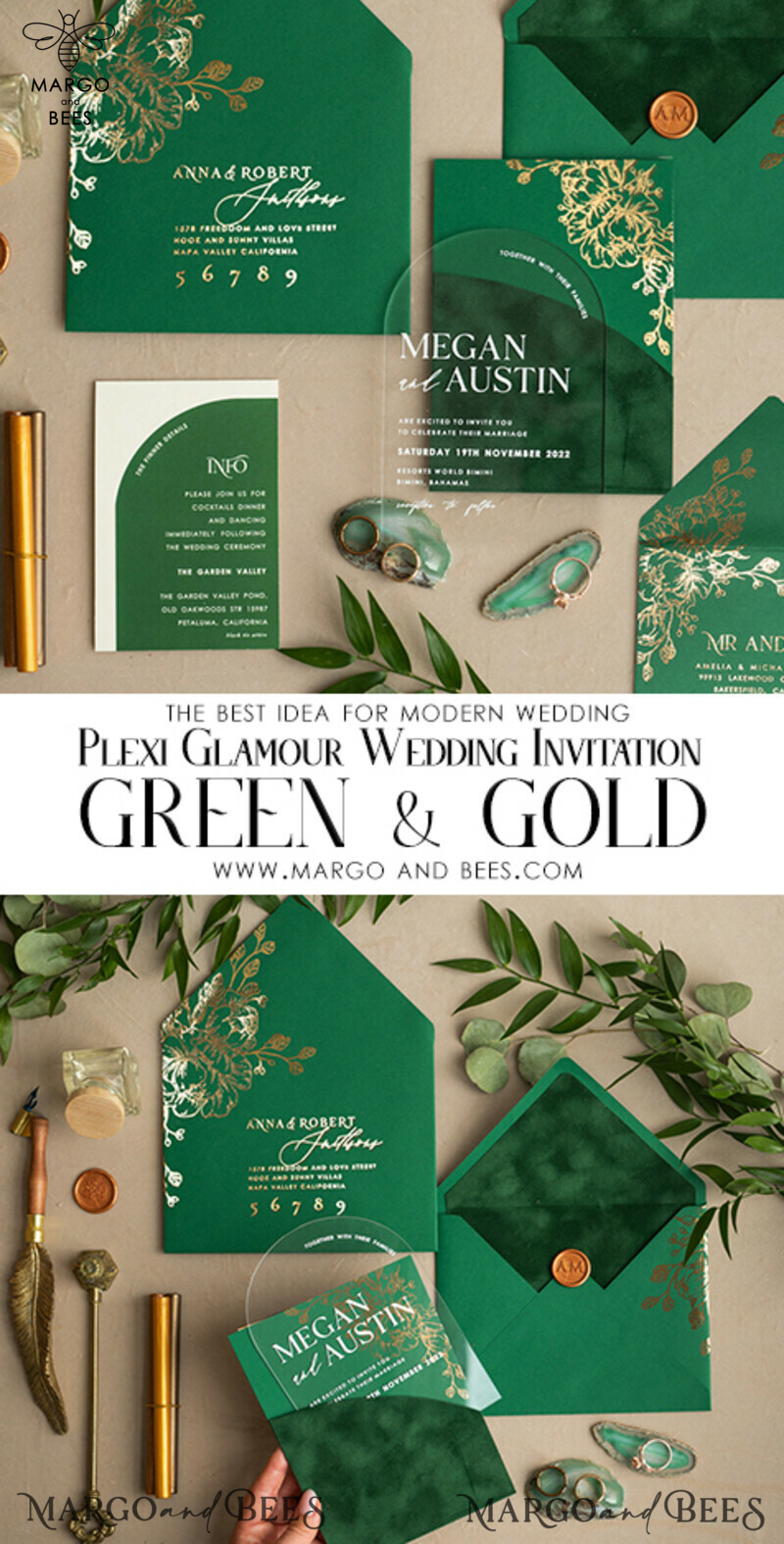 Glamour meets Greenery: Arch Gold Acrylic Wedding Invites with Velvet Pocket-11