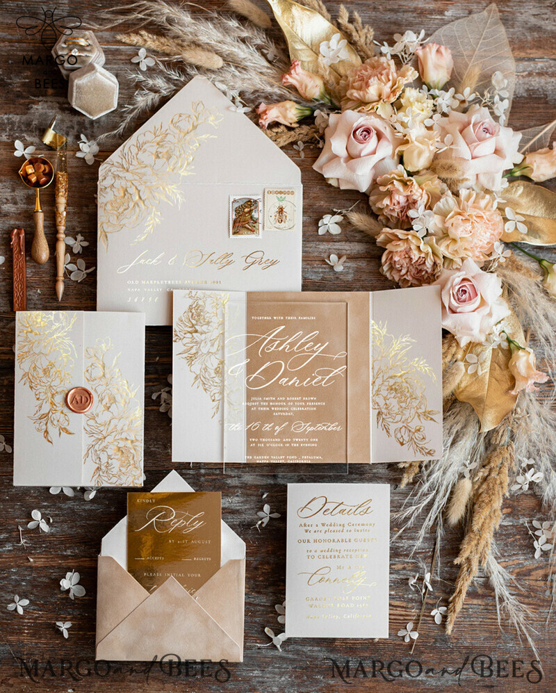 Luxury Gold Foil Wedding Invitations, Plexi Glamour Wedding Invitation Suite, Romantic Velvet Wedding Cards, Bespoke Golden Wedding Stationery-0