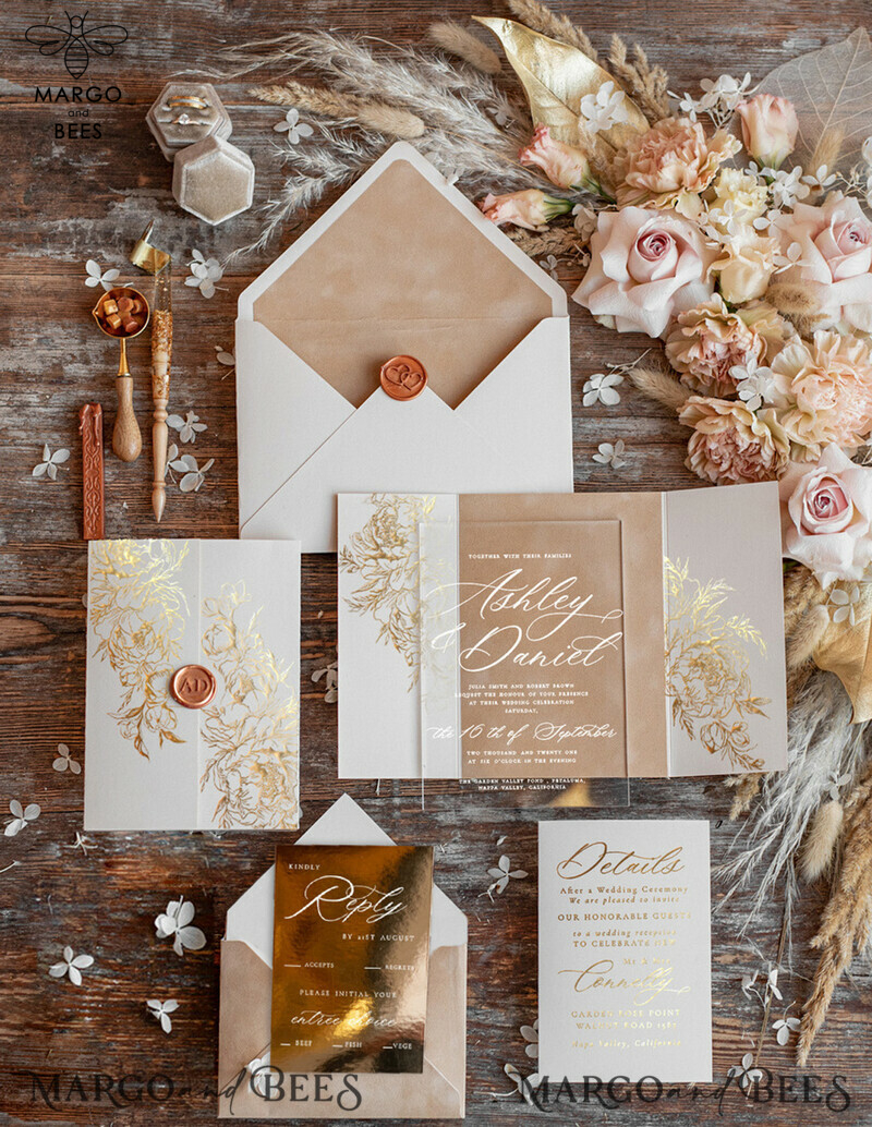 Luxury Gold Foil Wedding Invitations, Plexi Glamour Wedding Invitation Suite, Romantic Velvet Wedding Cards, Bespoke Golden Wedding Stationery-2
