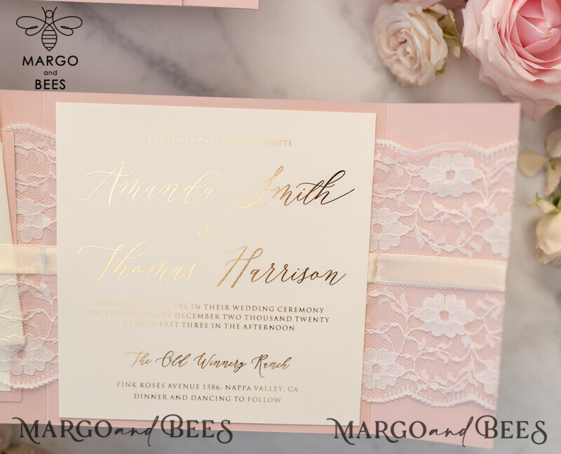 Luxury Golden Shine: Elegant Lace Wedding Invitations with Romantic Blush Pink and Glamour Gold Foil Details-10