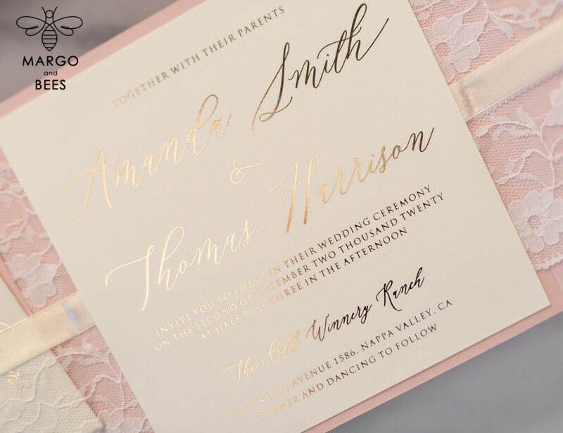 Luxury Golden Shine: Elegant Lace and Romantic Blush Pink Wedding Invitations with Glamour Gold Foil Stationery-11
