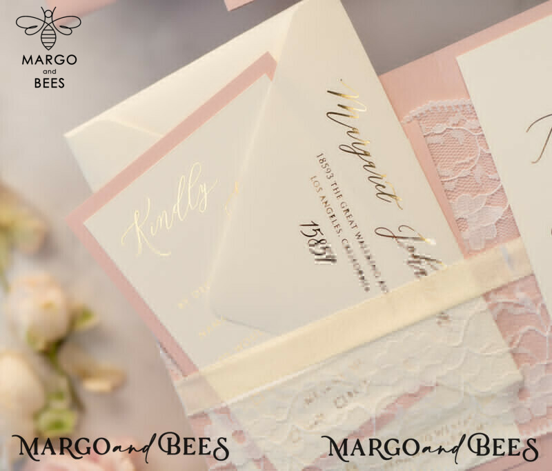 Luxury Golden Shine: Elegant Lace and Romantic Blush Pink Wedding Invitations with Glamour Gold Foil Stationery-12