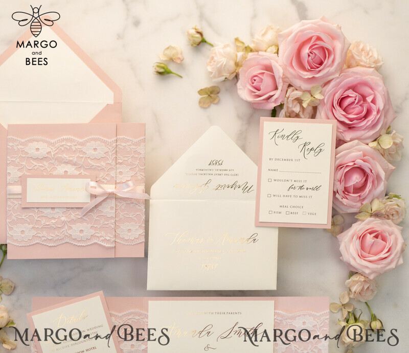 Luxury Golden Shine: Elegant Lace Wedding Invitations with Romantic Blush Pink and Glamour Gold Foil Details-13