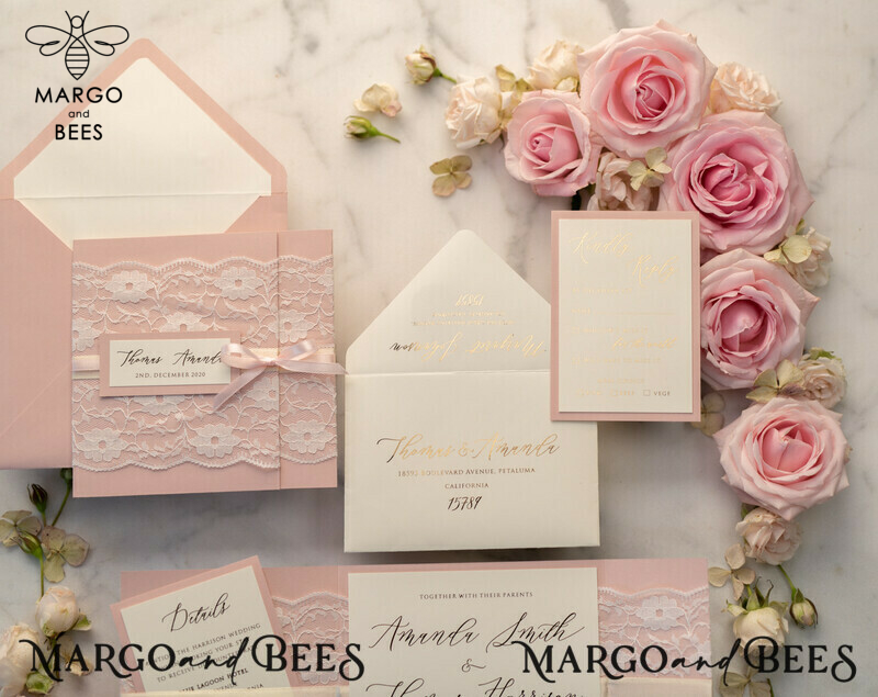 Luxury Golden Shine: Elegant Lace Wedding Invitations with Romantic Blush Pink and Glamour Gold Foil Details-14