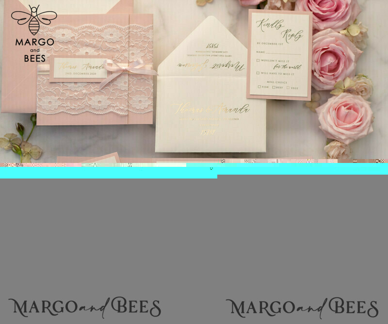 Luxury Golden Shine: Elegant Lace and Romantic Blush Pink Wedding Invitations with Glamour Gold Foil Stationery-15
