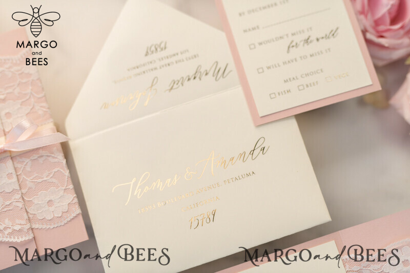 Luxury Golden Shine Wedding Invites: Elegant Lace and Romantic Blush Pink Wedding Cards with Glamour Gold Foil-16