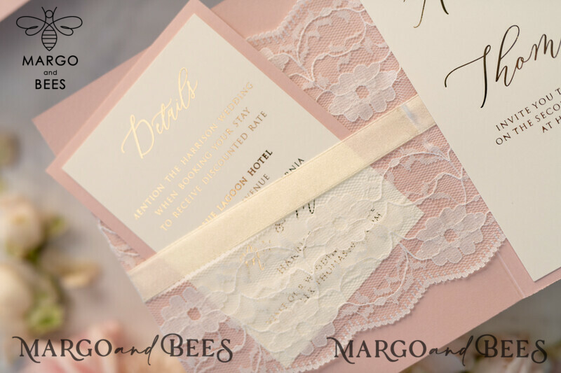Luxury Golden Shine Wedding Invites: Elegant Lace and Romantic Blush Pink Wedding Cards with Glamour Gold Foil-17