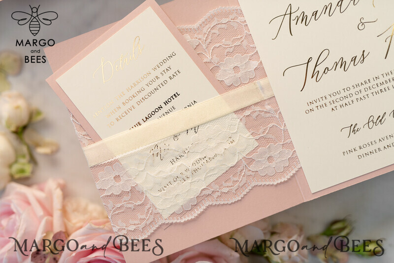 Luxury Golden Shine: Elegant Lace Wedding Invitations with Romantic Blush Pink and Glamour Gold Foil Wedding Stationery-18