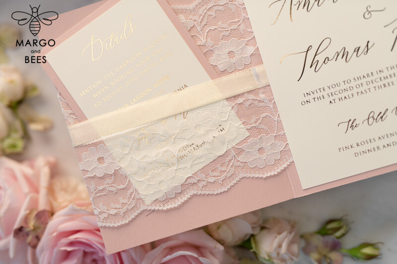 Luxury Golden Shine: Elegant Lace Wedding Invitations with Romantic Blush Pink and Glamour Gold Foil Wedding Stationery-19
