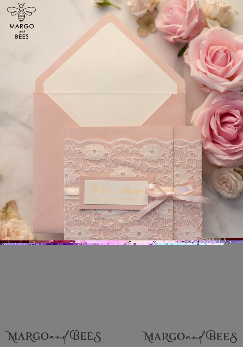 Luxury Golden Shine Wedding Invites: Elegant Lace and Romantic Blush Pink Wedding Cards with Glamour Gold Foil-2