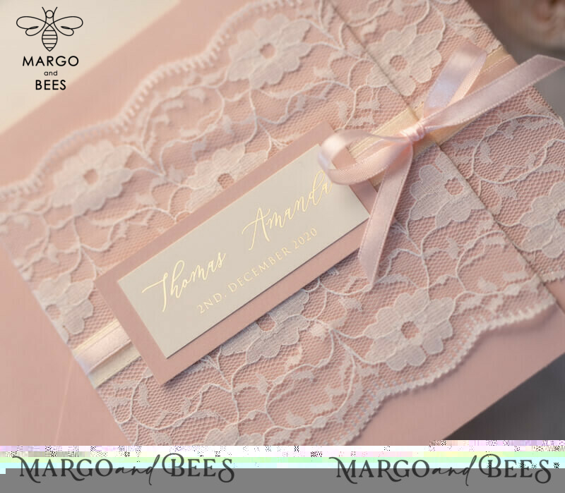 Luxury Golden Shine: Elegant Lace Wedding Invitations with Romantic Blush Pink Accents and Glamourous Gold Foil Details-3