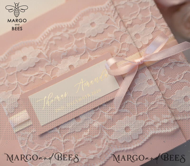 Luxury Golden Shine: Elegant Lace Wedding Invitations with Romantic Blush Pink and Glamour Gold Foil Details-4