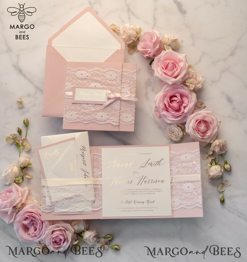 Luxury Golden Shine: Elegant Lace Wedding Invitations with Romantic Blush Pink and Glamour Gold Foil Details-5