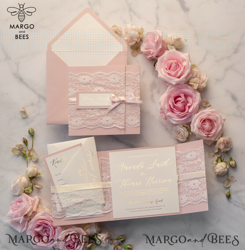 Luxury Golden Shine: Elegant Lace Wedding Invitations with Romantic Blush Pink and Glamour Gold Foil Details-8