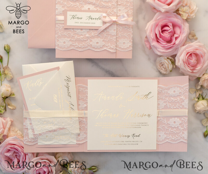 Luxury Golden Shine Wedding Invites: Elegant Lace and Romantic Blush Pink Wedding Cards with Glamour Gold Foil-9
