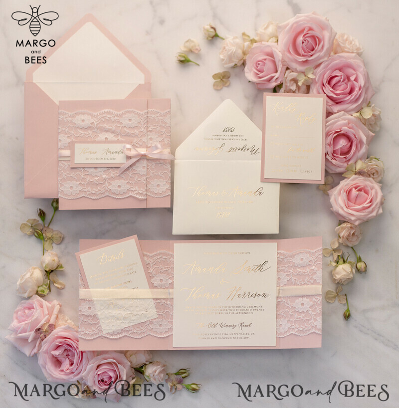 Luxury Golden Shine: Elegant Lace and Romantic Blush Pink Wedding Invitations with Glamour Gold Foil Stationery-0
