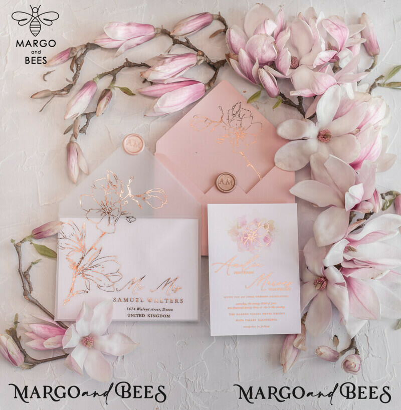 Spring Magnolia Flowers wedding invitations, Rose Gold Vellum Wedding Invitation Suite, Pink Sakura  Wedding Stationery  -1