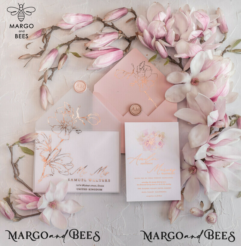 Luxury Mangolia Wedding Invitations, Glamour Golden Shine Wedding Invitation Suite, Elegant Blush Pink Watercolor Wedding Invites, Elegant Spring Wedding Cards-1