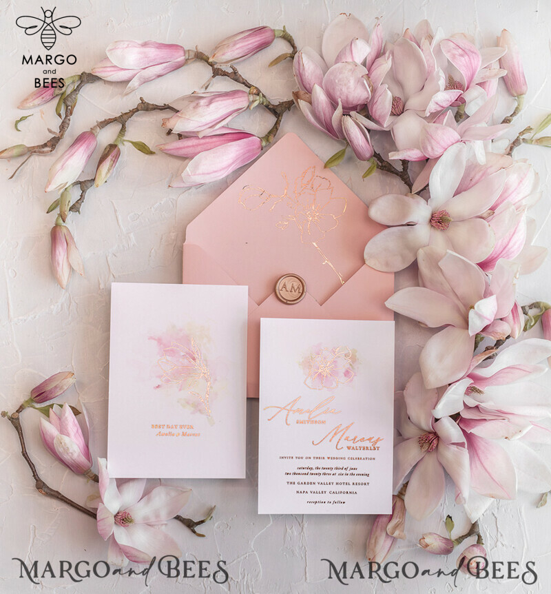 Luxury Mangolia Wedding Invitations, Glamour Golden Shine Wedding Invitation Suite, Elegant Blush Pink Watercolor Wedding Invites, Elegant Spring Wedding Cards-2