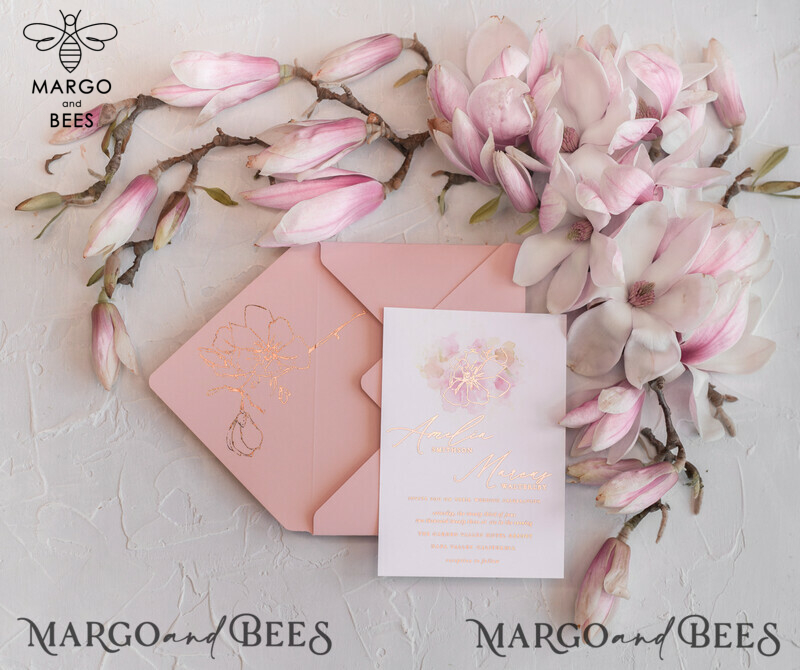 Spring Magnolia Flowers wedding invitations, Rose Gold Vellum Wedding Invitation Suite, Pink Sakura  Wedding Stationery  -3
