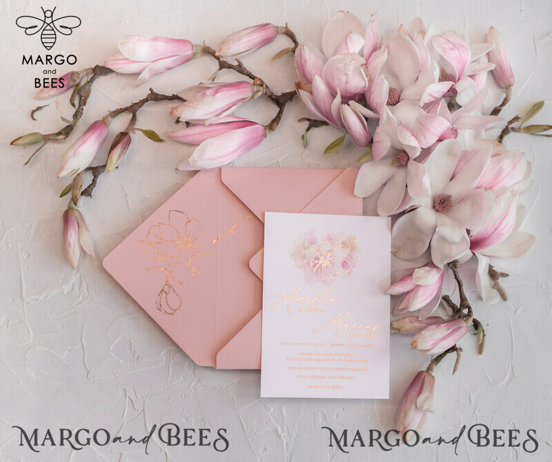 Luxury Mangolia Wedding Invitations, Glamour Golden Shine Wedding Invitation Suite, Elegant Blush Pink Watercolor Wedding Invites, Elegant Spring Wedding Cards-3