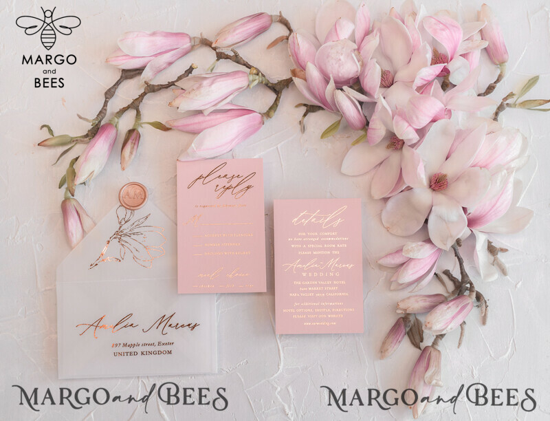 Spring Magnolia Flowers wedding invitations, Rose Gold Vellum Wedding Invitation Suite, Pink Sakura  Wedding Stationery  -4