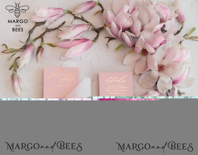 Spring Magnolia Flowers wedding invitations, Rose Gold Vellum Wedding Invitation Suite, Pink Sakura  Wedding Stationery  -5