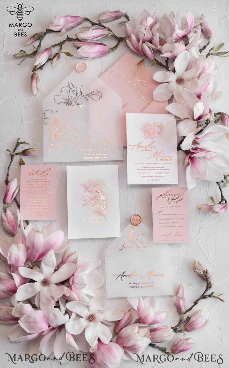 Luxury Mangolia Wedding Invitations, Glamour Golden Shine Wedding Invitation Suite, Elegant Blush Pink Watercolor Wedding Invites, Elegant Spring Wedding Cards-0