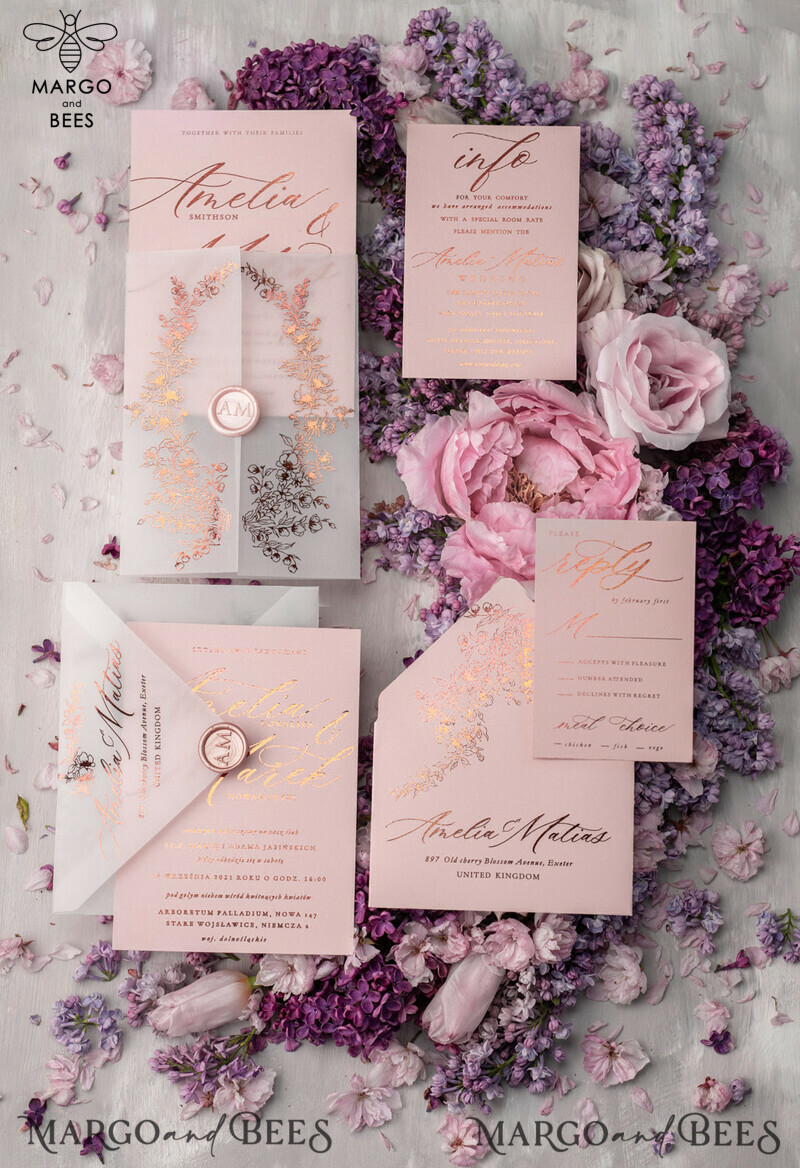 Bespoke Blush Pink Wedding Invitations, Golden Glamour Wedding Invites, Elegant White Vellum Wedding Cards, Luxury Gold Foil Wedding Invitation Suite-1