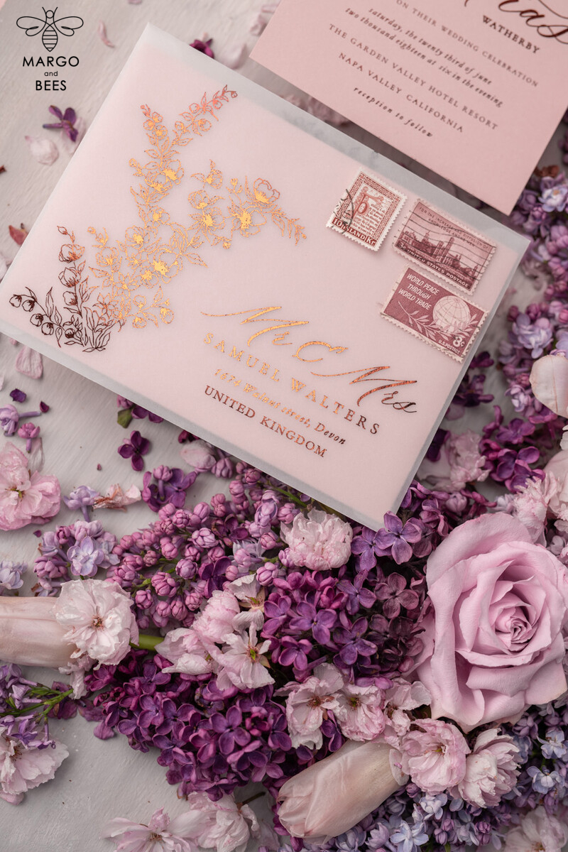 Blush Gold Wedding Invitations , Luxury Arabic Wedding Cards, Gold Vellum wrapping and wax seal Wedding stationery -10