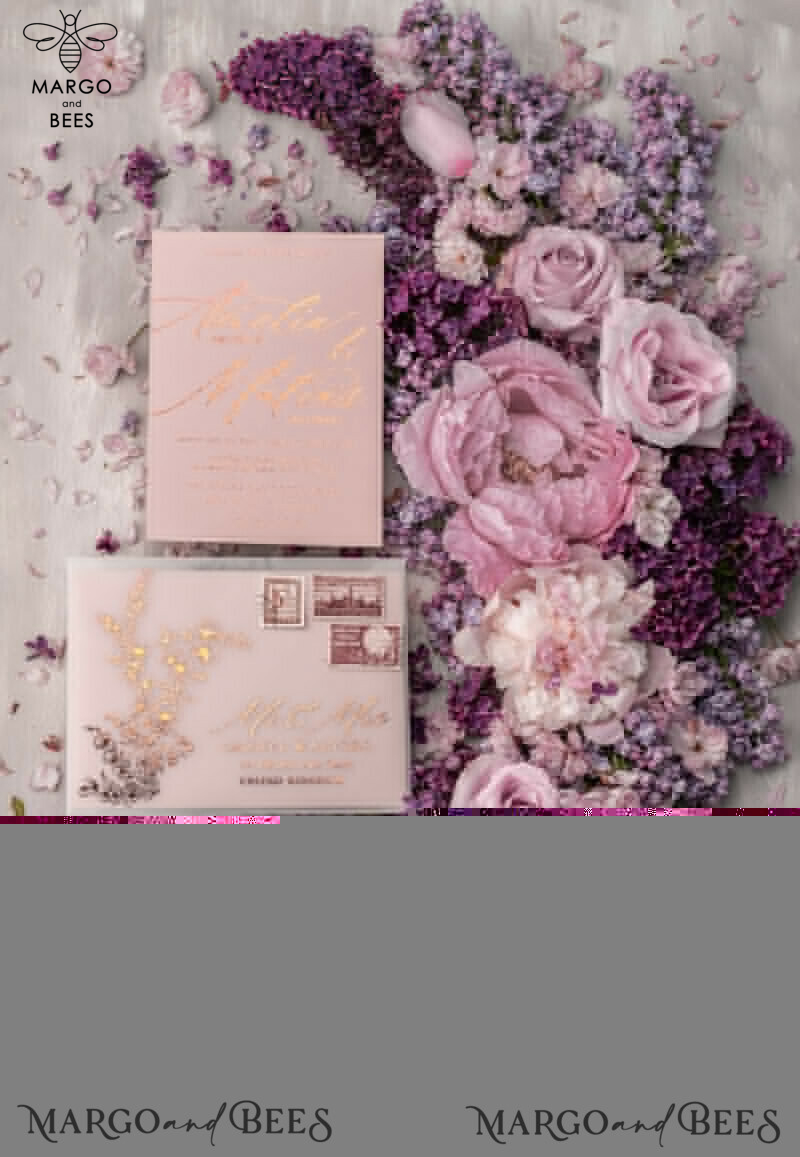 Bespoke Blush Pink Wedding Invitations, Golden Glamour Wedding Invites, Elegant White Vellum Wedding Cards, Luxury Gold Foil Wedding Invitation Suite-11
