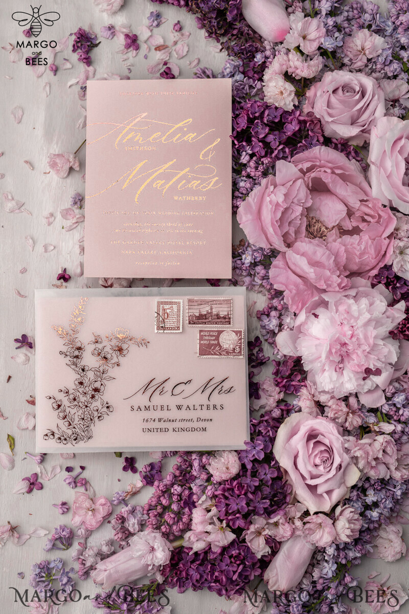 Bespoke Blush Pink Wedding Invitations: Golden Glamour and Elegant White Vellum Wedding Cards with Luxury Gold Foil Invitation Suite-12