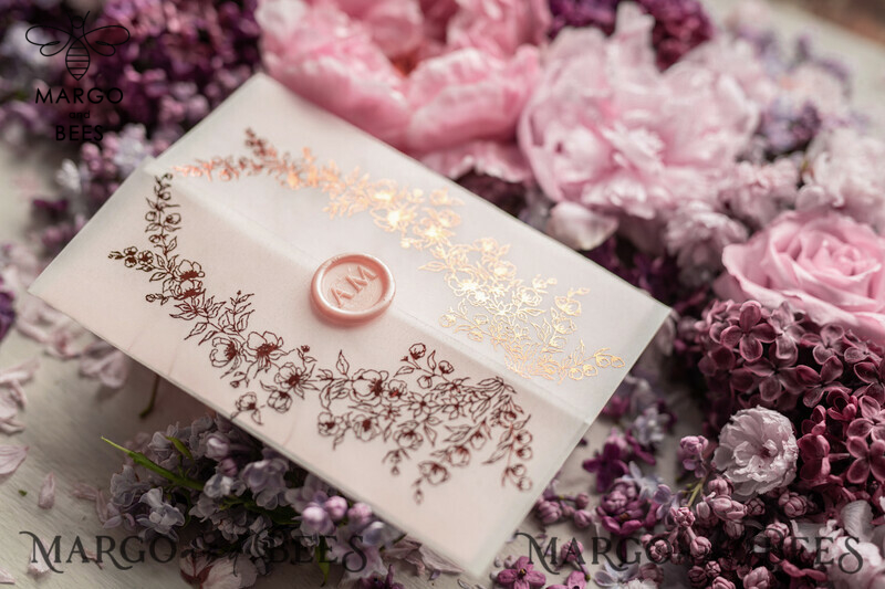 Blush Gold Wedding Invitations , Luxury Arabic Wedding Cards, Gold Vellum wrapping and wax seal Wedding stationery -2
