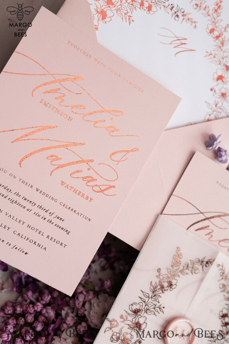 Bespoke Blush Pink Wedding Invitations with a Touch of Golden Glamour: Introducing our Elegant White Vellum Wedding Cards and Luxury Gold Foil Wedding Invitation Suite-3