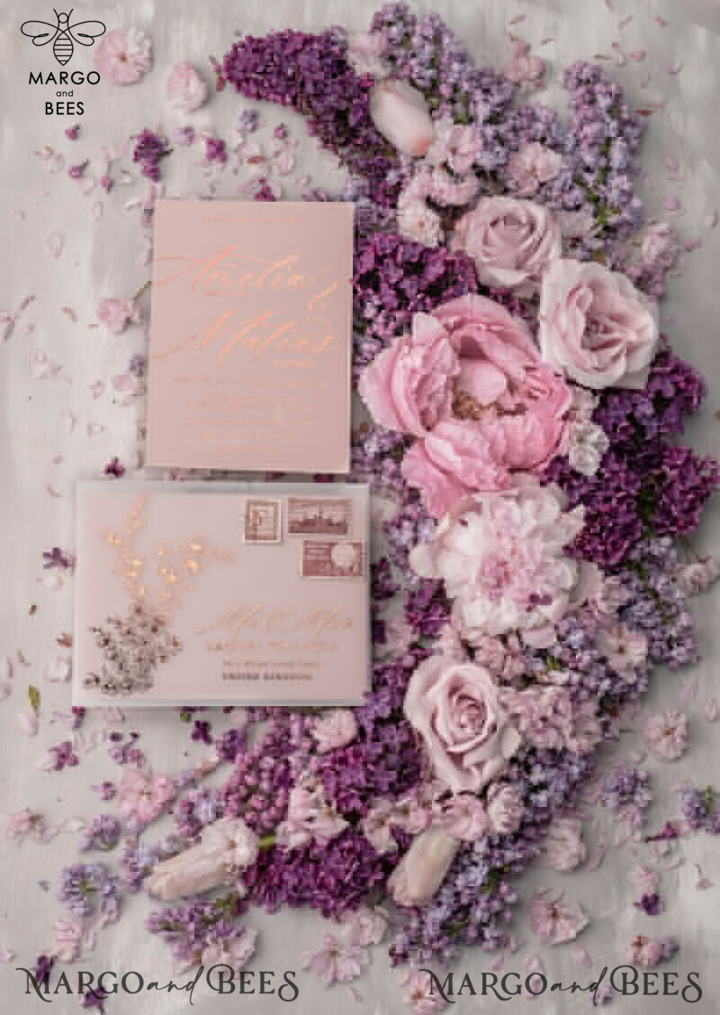 Bespoke Blush Pink Wedding Invitations: Golden Glamour and Elegant White Vellum Wedding Cards with Luxury Gold Foil Invitation Suite-5