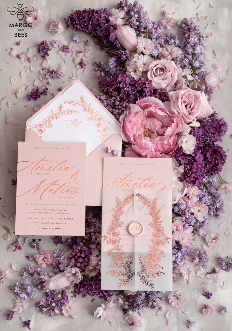 Bespoke Blush Pink Wedding Invitations, Golden Glamour Wedding Invites, Elegant White Vellum Wedding Cards, Luxury Gold Foil Wedding Invitation Suite-6