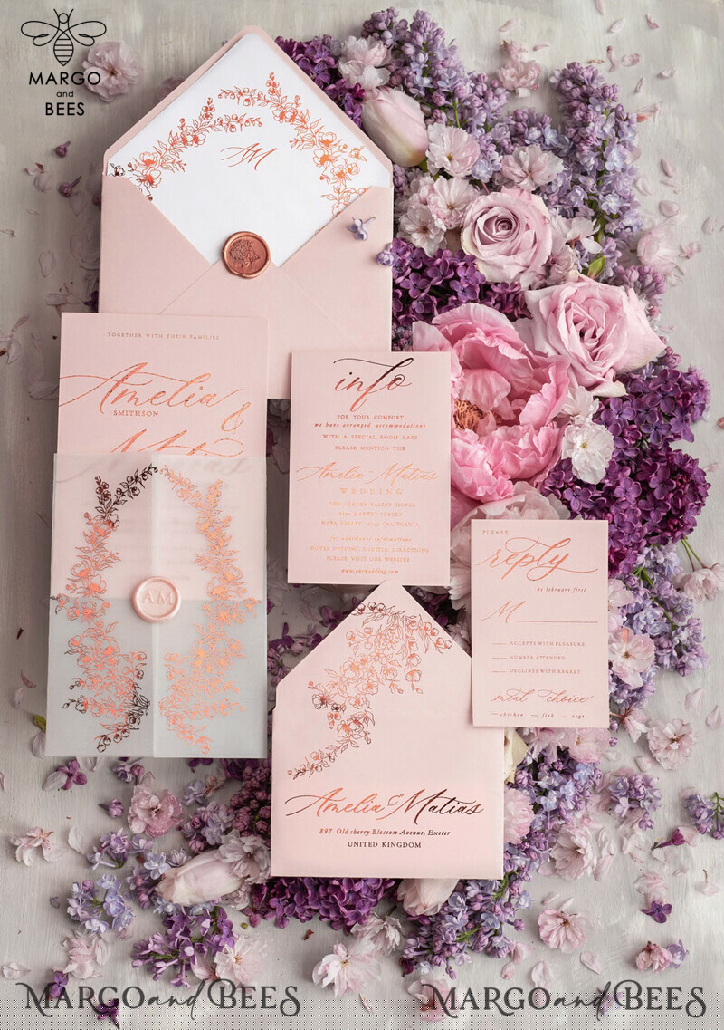Bespoke Blush Pink Wedding Invitations with a Touch of Golden Glamour: Introducing our Elegant White Vellum Wedding Cards and Luxury Gold Foil Wedding Invitation Suite-7