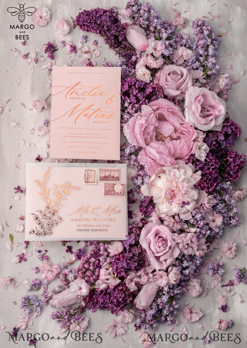 Bespoke Blush Pink Wedding Invitations: Golden Glamour and Elegant White Vellum Wedding Cards with Luxury Gold Foil Invitation Suite-9
