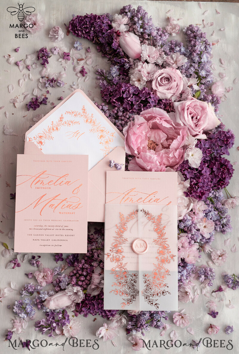 Bespoke Blush Pink Wedding Invitations with a Touch of Golden Glamour: Introducing our Elegant White Vellum Wedding Cards and Luxury Gold Foil Wedding Invitation Suite-0