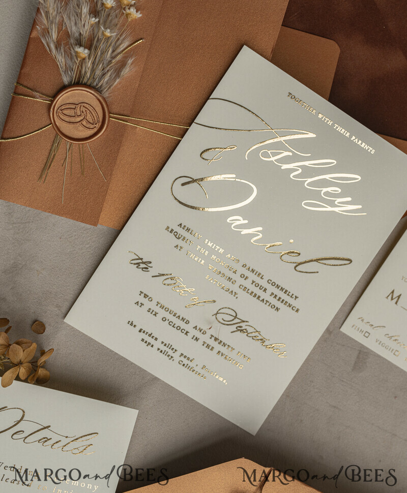 Fall Mirror gold Wedding Invitations, Elegant Terracotta Wedding Cards, Burnt orange Acrylic Wedding Invites, Mirror Gold Plexi Wedding Invitation Suite-7