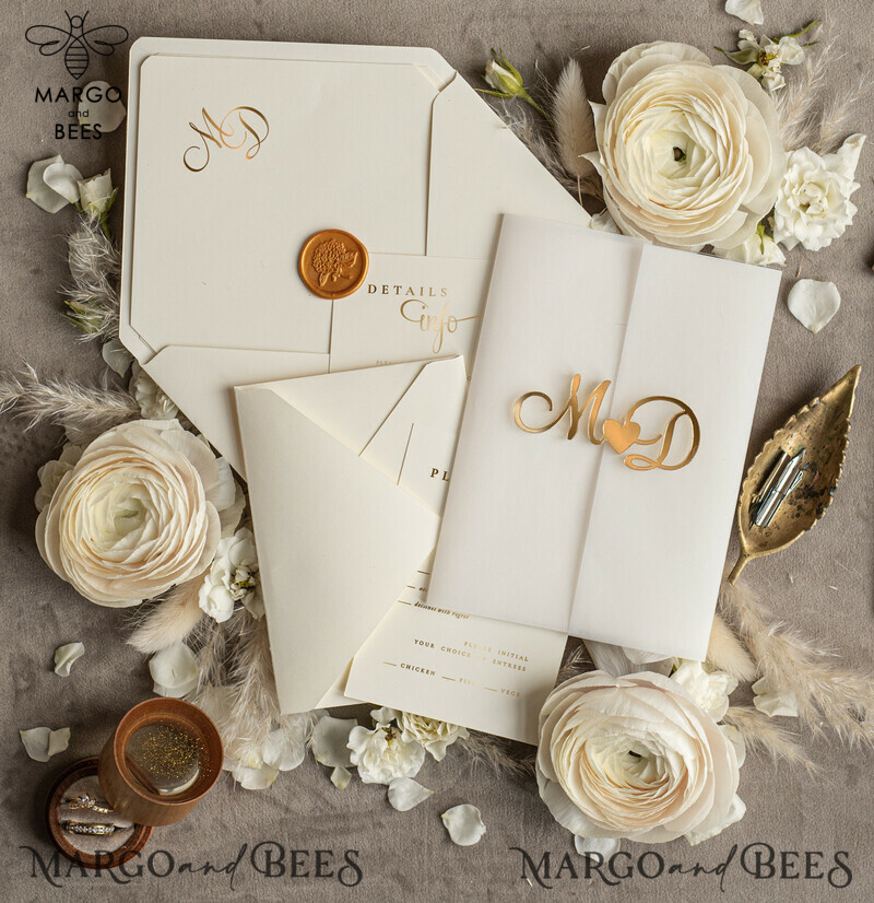 Wedding invitations handmade, golden mirror acryl initials Wedding Invitations, Golden Shine Wedding Invitation Suite -4