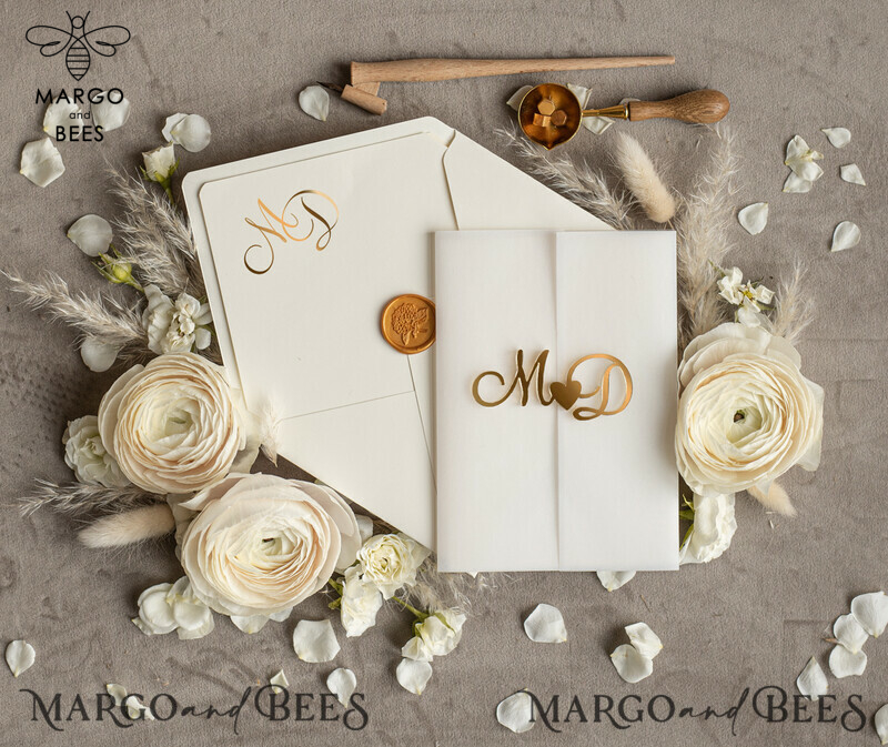 Wedding invitations handmade, golden mirror acryl initials Wedding Invitations, Golden Shine Wedding Invitation Suite -5