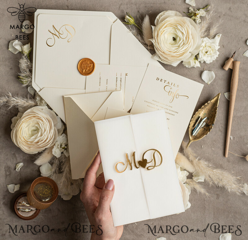 Wedding invitations handmade, golden mirror acryl initials Wedding Invitations, Golden Shine Wedding Invitation Suite -6