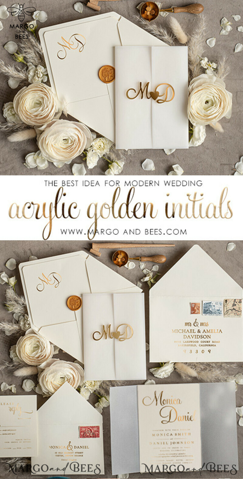 Wedding invitations handmade, golden mirror acryl initials Wedding Invitations, Golden Shine Wedding Invitation Suite -2