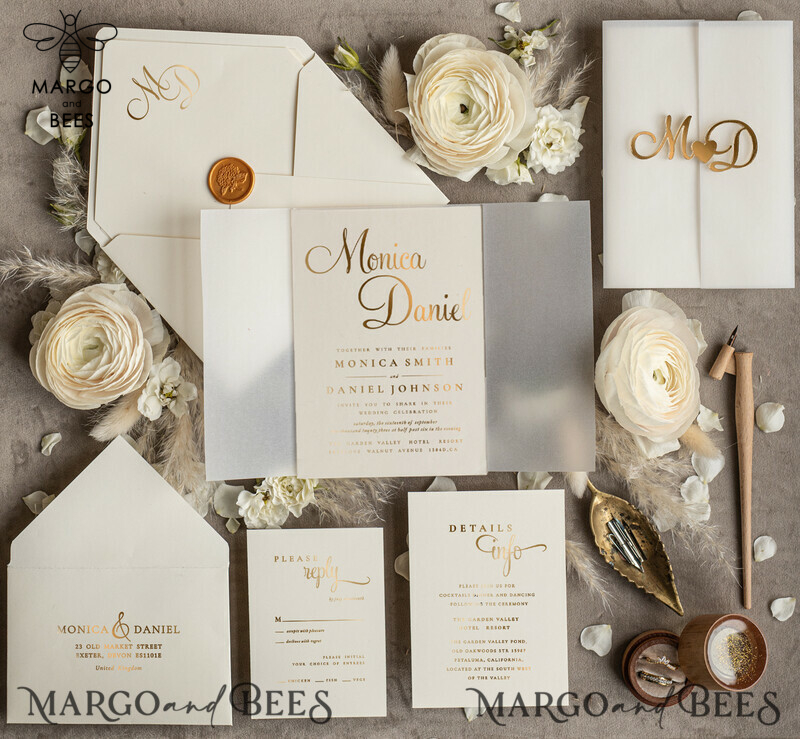 Wedding invitations handmade, golden mirror acryl initials Wedding Invitations, Golden Shine Wedding Invitation Suite -1