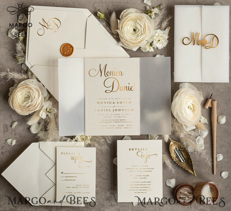 Wedding invitations handmade, golden mirror acryl initials Wedding Invitations, Golden Shine Wedding Invitation Suite -0