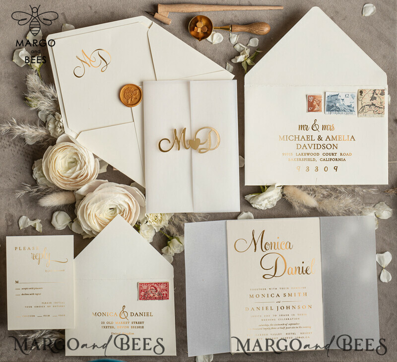 Wedding invitations handmade, golden mirror acryl initials Wedding Invitations, Golden Shine Wedding Invitation Suite -7